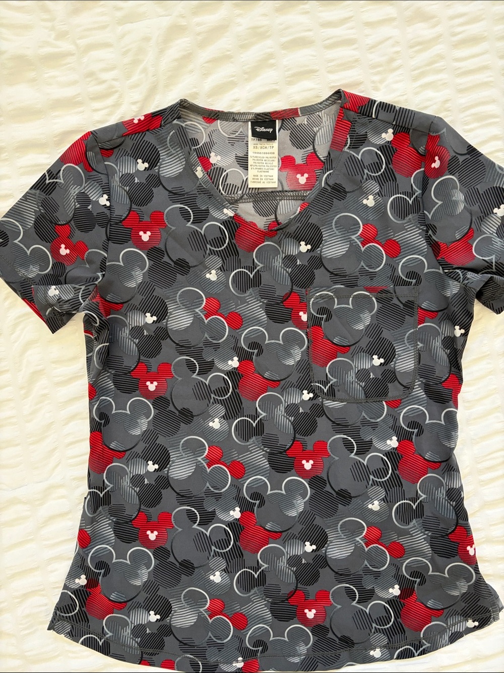 Disney Mickey Mouse V-Neck Short Sleeve Top.Front and back pockets. Colorful-EUC